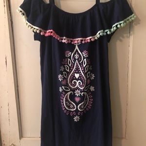 Girls 18/20 Justice Navy Blue Dress Pom Pom Off Shoulder Ruffle EUC